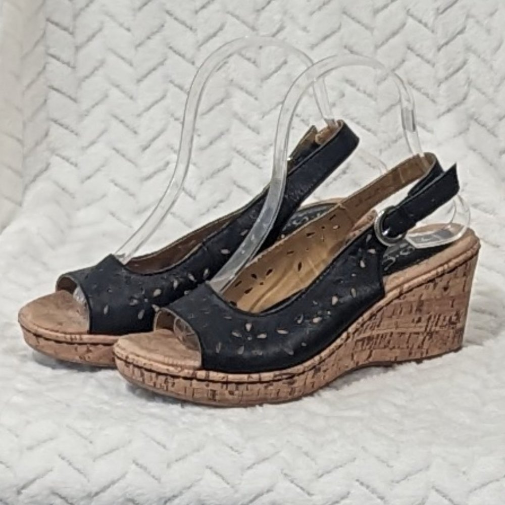 b.o.c. Size 6 Kacee Black Leather Cutout Wedge Sandal